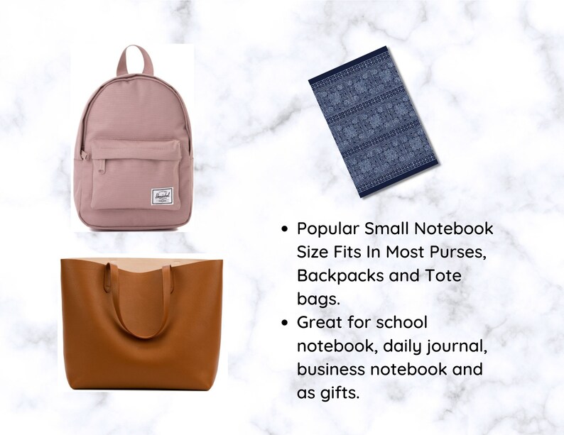 K&ouml;nnte beinhalten: Eine braune Ledertasche, ein rosafarbener Canvas-Rucksack und ein kleines blaues Notizbuch mit einem gemusterten Design. Das Notizbuch wird als beliebtes kleines Notizbuch beschrieben, das in die meisten Handtaschen, Rucks&auml;cke und Einkaufstaschen passt. Es ist ideal f&uuml;r Schulhefte, Tageb&uuml;cher, Gesch&auml;ftsnotizb&uuml;cher und als Geschenk.
