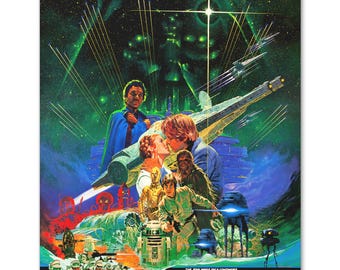 Peut inclure: Une affiche de film Star Wars vintage avec du texte japonais. L'affiche présente une palette de couleurs verte et bleue avec des personnages et des vaisseaux spatiaux. Le titre "STAR WARS" est en haut, avec du texte japonais en dessous. L'affiche est promotionnelle.