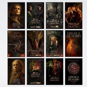 May include: A collection of twelve posters for the television series "House of the Dragon." Each poster features a different image, including portraits of characters, dragons, and the show's logo. The posters are predominantly dark with accents of red, gold, and green.
