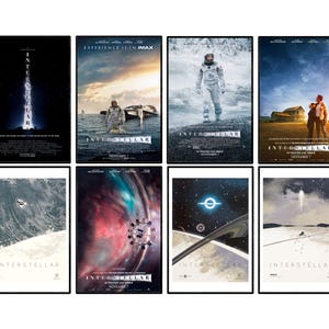 May include: Eight framed movie posters for the film "Interstellar." The posters showcase scenes from the movie, including astronauts, space, and landscapes. Each poster is presented in a black frame.