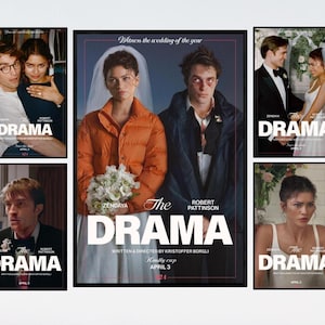 May include: A collection of framed movie posters for "The Drama" featuring Zendaya and Robert Pattinson. The posters have a dark aesthetic, with the title prominently displayed. Some posters show wedding scenes.