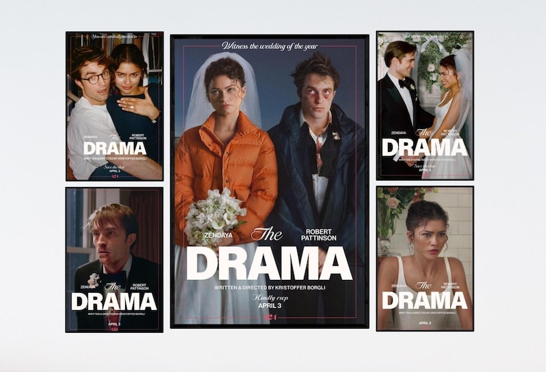 May include: A collection of framed movie posters for "The Drama" featuring Zendaya and Robert Pattinson. The posters have a dark aesthetic, with the title prominently displayed. Some posters show wedding scenes.
