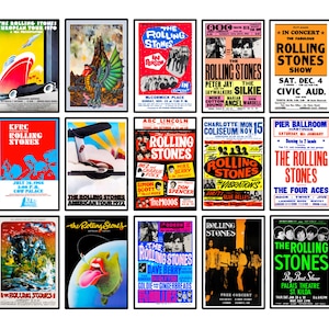 May include: A collection of vintage Rolling Stones concert posters. The posters feature various designs, including tour dates, band photos, and the iconic tongue logo. The color palette includes red, blue, yellow, and black.