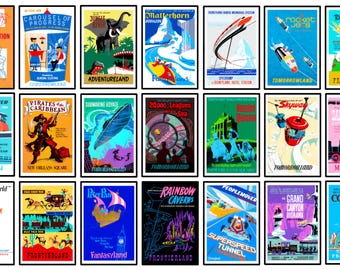 Pósteres de atracciones de Disneyland - Impresiones retro de parques temáticos de Disney - Piratas del Caribe - Tomorrowland Frontierland