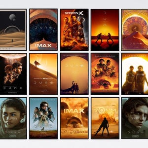 May include: A collection of framed movie posters for the film "Dune." The posters feature various designs with imagery of characters, landscapes, and the film's title. Some posters include the IMAX and ScreenX logos.