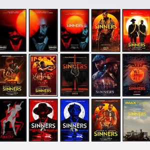 Puede incluir: Una colección de carteles de películas enmarcados. Cada cartel muestra la palabra "SINNERS" de forma destacada, junto con varias imágenes de personajes y diseños artísticos. Los carteles son de varios colores, incluyendo rojo, naranja, azul y negro.