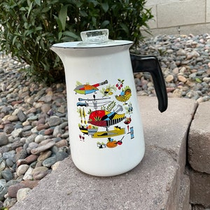 Georges Briard Turkey Motif Coffee Pot | Vintage Enamelware | Mid Century Modern Coffee/Tea Pot