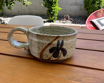 Brown Speckled Stoneware Mug: Studio Pottery with Iris Flower