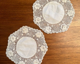Handmade Vintage Doilies | Pair of Vintage Floral Round Doilies