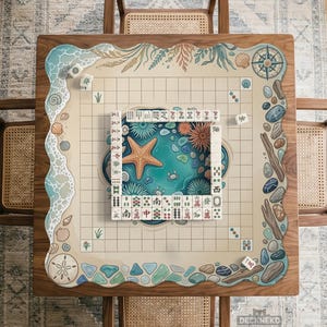 Tapete de Mahjong, Tapete de Mesa de Playa Costera, Tapete de Juego de Mesa con Conchas Marinas y Estrellas de Mar, Protector de Tela para Juegos de Mesa Oceánicos, Regalo de Viaje