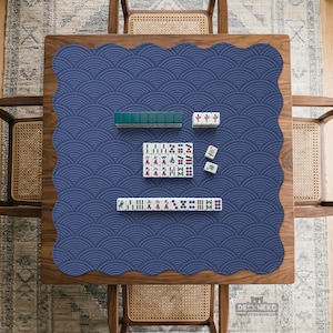 Mahjong Mat, Navy Seigaiha Wave Tabletop Pad, Japanese Ocean Pattern Playmat, American Chinese Travel Table Cloth, Board Protector