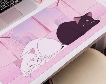 Luna and Artemis Mousepad cute | Kawaii anime cats deskmat | XXL rectangular gaming desk mat | High Quality | Pink anime aesthetic mouse pad