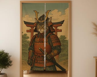 Cortina de puerta japonesa noren: diseño de gato samurái, separador de ambientes, tapiz para puerta, arte textil, decoración vertical para pasillo