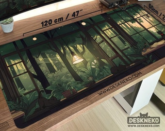 Lofi Desk Mat xl, Aesthetic Mousepad Cozy, Large Mouse Pad xxl, Cute extended gaming deskmat/play matt, Green cottagecore dark academia cat