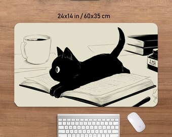 Cute Cat desk pad, large mousepad, Anime aesthetic mouse pad, XXL gaming deskmat RGB LED, Coffee beige Kawaii manga, keyboard wrist rest