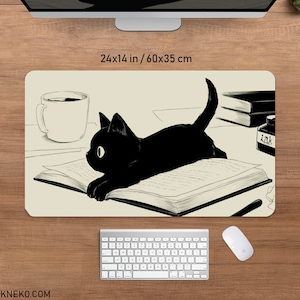 Niedliche Katze Schreibtischunterlage, großes Mauspad, Anime ästhetisches Mauspad, XXL Gaming Schreibtischunterlage RGB LED, Kaffee Beige Kawaii Manga, Tastatur Handballenauflage