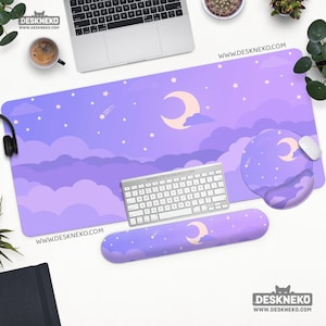 Cute Desk Mat xl, Kawaii Mouse Pad xxl, Large Mousepad Clouds xxl, rgb/led keyboard pad xl, Pastel space violet sky, Aesthetic bureau matt