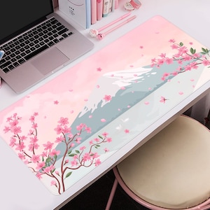 Alfombrilla de ratón japonesa con diseño de flor de cerezo, rosa pastel del Monte Fuji Japón, lindo paisaje natural de flores kawaii, alfombrilla de ratón para escritorio de juegos XXL