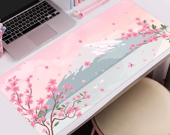 Japanse bureaumat kersenbloesem muismat, Mt Fuji Japan pastelroze, kawaii bloem schattig natuur landschap, XXL gaming bureaumat muismat