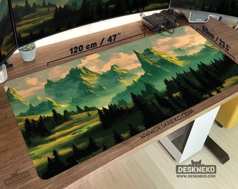 Nature Desk Mat xl, Green Mouse pad, led gaming deskmat xxl, Monet/van Gogh style Painting, keyboard table matt large, mountain landscape
