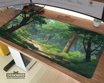 Forest Desk Mat Anime, Nature Mouse pad xl, led rgb large extended matt, Aesthetic Mousepad xxl, keyboard deskmat, Light green landscape art