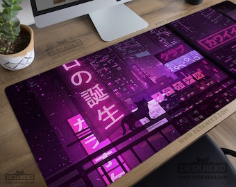 Purple Gaming Desk Mat, Large Mouse Pad, neon rgb mousepad led, XXL Keyboard Deskmat, Extended Table Matt, Japanese Anime aesthetic cat city