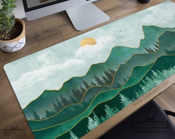 Mountains Desk Mat xl, Forest Mousepad xxl, Large Mouse Pad, Art nouveau decor, Abstract nature deskmat, Green minimalist landscape painting