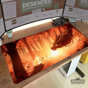 Dragon Desk Mat, Magic Forest Mouse Pad xl, Fox Large Gaming Mousepad, Tcg mtg fantasy play mat, LED Deskmat playmat xxl, Keyboard game matt