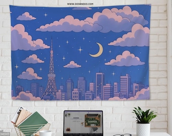 Anime Tapestry, Kawaii Wall hanging, Dark blue tokyo skyline japanese cityscape, cute moon & stars, Aesthetic office room decor accessory,