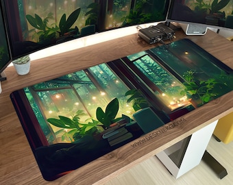 May include: A rectangular desk mat with a digital art scene of a window overlooking a green forest. The design includes plants, books, and soft lighting. The website address "WWW.DESKNEKO.COM" is printed on the mat.