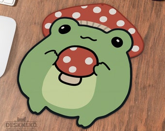 Kawaii Frog Mousepad, Cute green Mouse Pad, soft padded with wrist rest, Kawai Anime animal mushroom keyboard deskmat, Cottagecore aesthetic