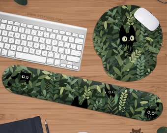 Alfombrilla de ratón de gatos con reposamuñecas, alfombrilla de ratón ergonómica bonita verde, gato de anime negro kawaii, alfombrilla de teclado grande, regalo de alfombrilla de escritorio para jugadores