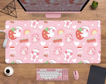 Tapis de bureau mignon Kawaii Lait à la fraise, Tapis de souris mignon style anime, Fleurs de cerisier rose pastel sakura, Tapis de bureau gaming XXL Kawaii Lapin