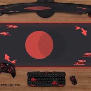 Japanese Desk Mat black and red sun mousepad, Koi fish clouds waves pattern samurai, xl large led RGB gaming deskmat xxl, small mouse pad