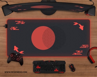 Japanese Desk Mat black and red sun mousepad, Koi fish clouds waves pattern samurai, xl large led RGB gaming deskmat xxl, small mouse pad