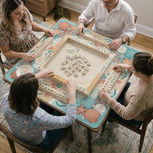May include: A square mahjong game set featuring a light-colored play mat with a colorful coral reef and seashell pattern. The game includes a wooden frame, rectangular tiles with black symbols, and a small white bowl, all arranged on a table.