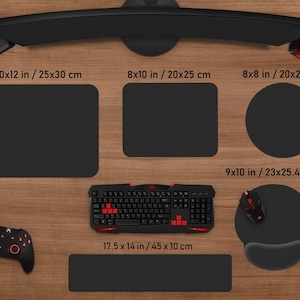 May include: A collection of black gaming accessories, including a keyboard, mouse, mousepads, and a controller. The mousepads come in various shapes and sizes, including a 10x12 inch square, a 8x10 inch rectangle, and a 8x8 inch circle.