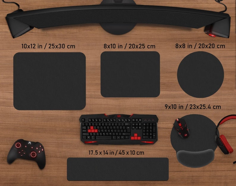 May include: A collection of black gaming accessories, including a keyboard, mouse, mousepads, and a controller. The mousepads come in various shapes and sizes, including a 10x12 inch square, a 8x10 inch rectangle, and a 8x8 inch circle.