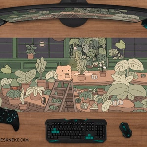Kawaii desk mat cute mousepad anime plant lover, Kawai aesthetic green forest monstera, small large xl xxl gaming deskmat mouse pad rgb led