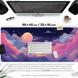 May include: A large desk mat with a dreamy cloudscape design, featuring a full moon, stars, and pastel colors. The mat measures 35 x 16 inches and includes a keyboard and mouse. The text "DeskNeko" is visible.