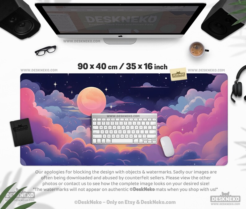 May include: A large desk mat with a dreamy cloudscape design, featuring a full moon, stars, and pastel colors. The mat measures 35 x 16 inches and includes a keyboard and mouse. The text "DeskNeko" is visible.