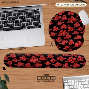Ergonomic Mouse Pad or Keyboard Wrist Rest set, Black & Red Anime Clouds Mousepad xl, Japanese Desk Mat Deskmat led, Desk Decor Accessory
