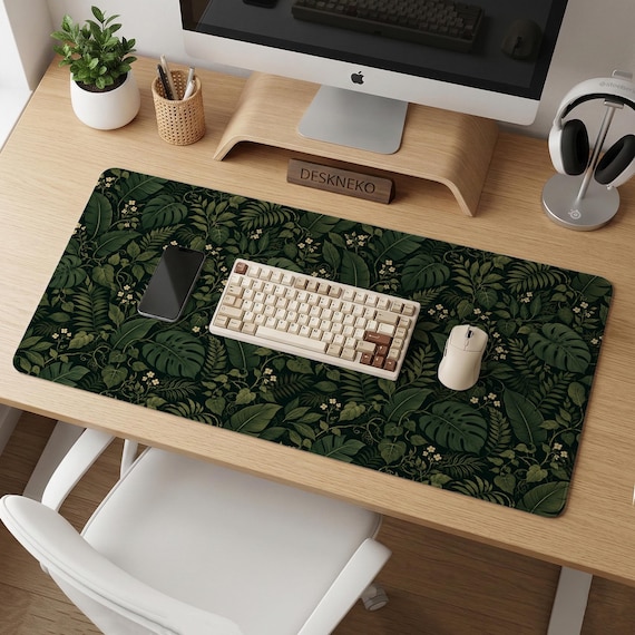 Green Botanical Desk Mat, Tropical Jungle Mousepad, Extended Keyboard Pad, XXL Deskmat, Monstera Leaf Office Mat, Extra Large Desk Pad