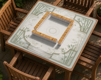 Könnte beinhalten: Ein quadratischer Holztisch mit einer hellen Oberfläche und einem grünen Bambusmuster am Rand. In der Mitte des Tisches befindet sich eine quadratische Anordnung aus hellbraunen und weißen Mahjong-Steinen, umgeben von vier Holzstühlen.
