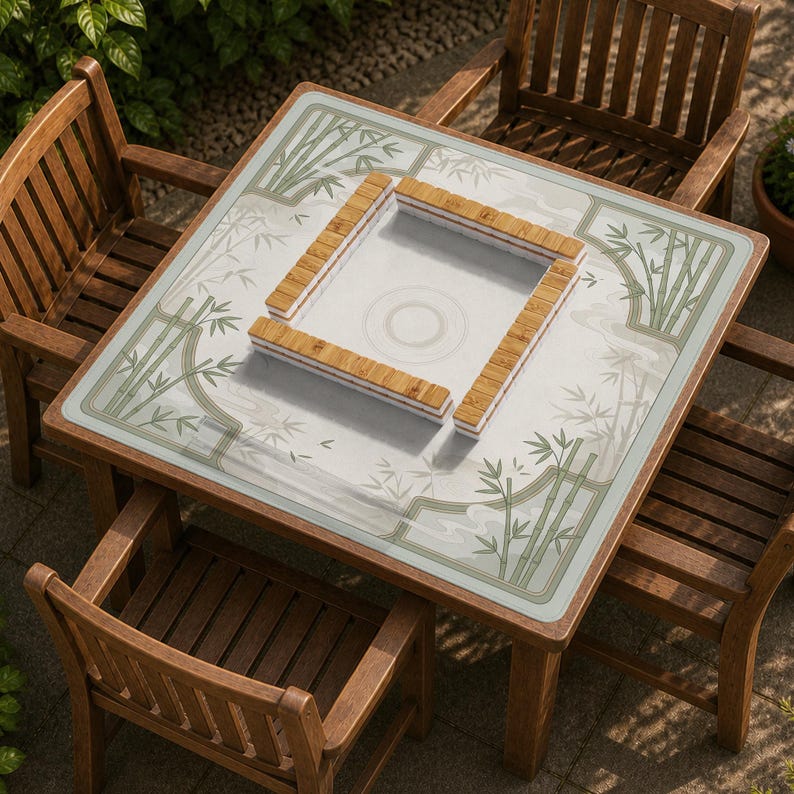 May include: A square wooden table with four matching chairs, featuring a tabletop mat decorated with green bamboo illustrations and a central square arrangement of light brown and white mahjong tiles on a white surface with a circular center.