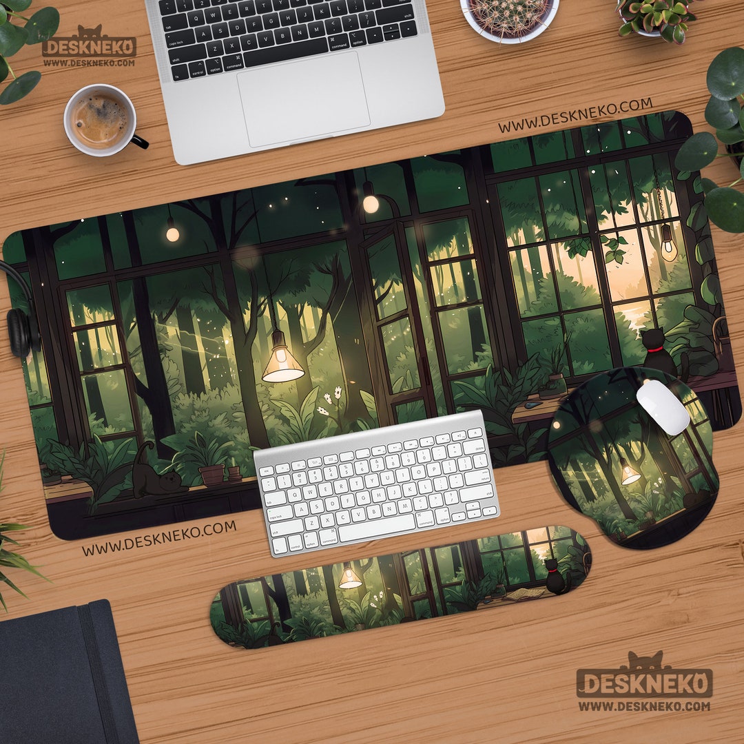 Cute Desk Mat Cottagecore, Lofi Desk Mat Cats, Rain Plants Mouse Pad Xl ...