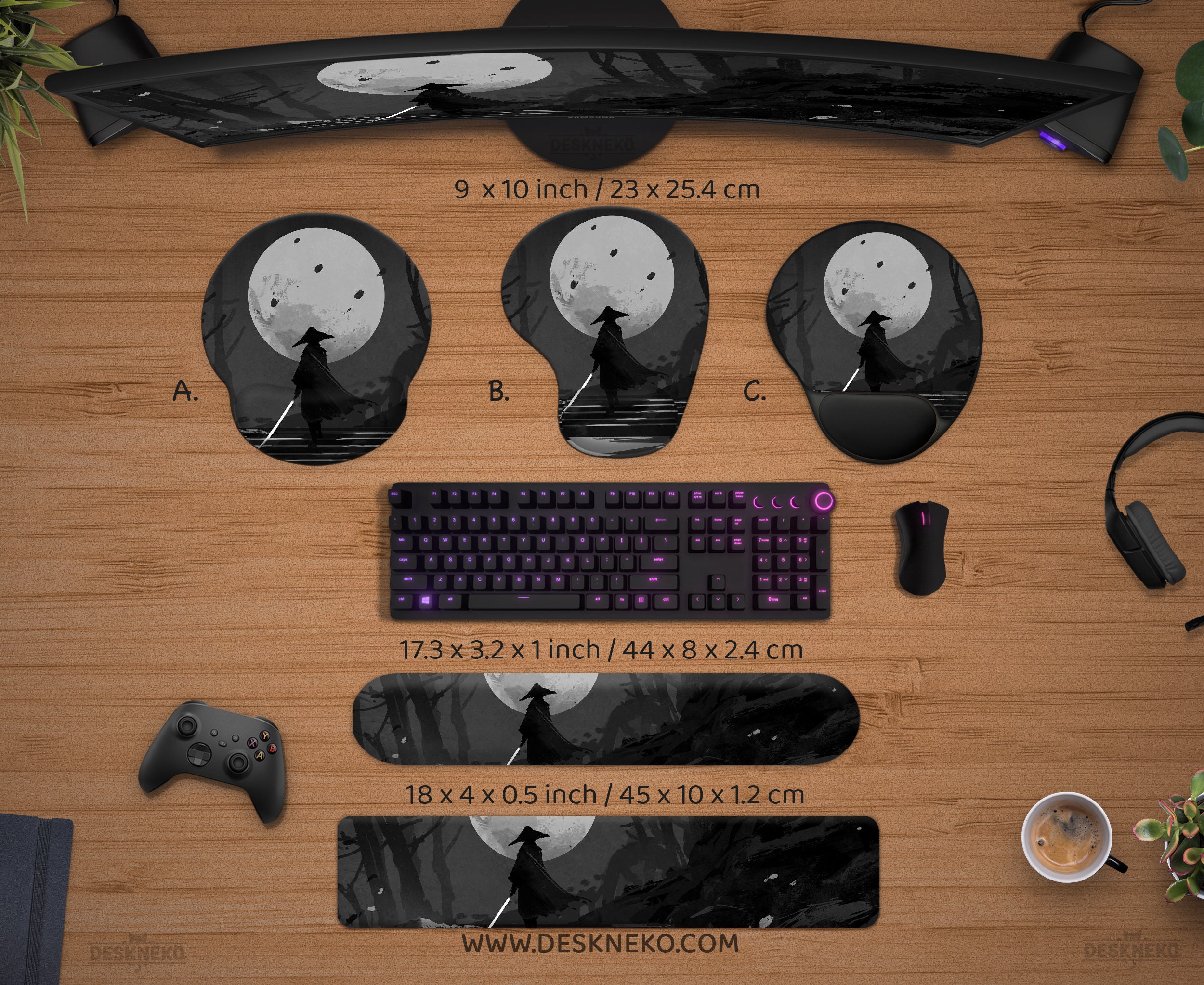 Japanese Desk Mat, Samurai Deskmat Xl, Black and White, Gaming Keyboard ...