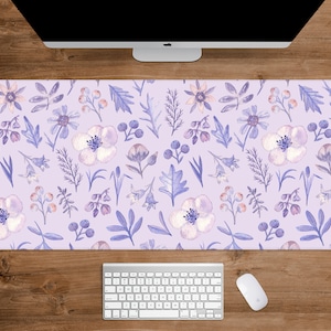 Lavender Desk Mat Cute Mousepad, violet floral pattern, Boho minimal pastel purple cottagecore flowers, kawaii xxl gaming deskmat mouse pad