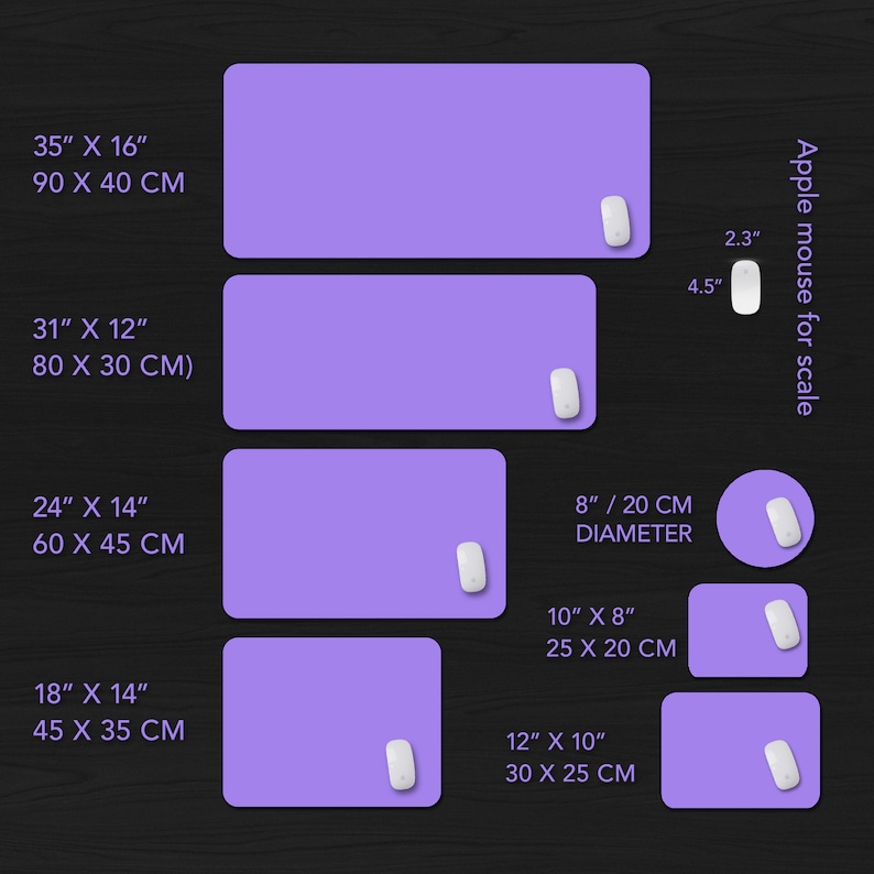 May include: A collection of lavender mouse pads in various sizes, including 35" x 16", 31" x 12", 24" x 14", 18" x 14", 12" x 10", 10" x 8", and 8" diameter. Each pad has a white mouse next to it. An Apple mouse is shown for scale.