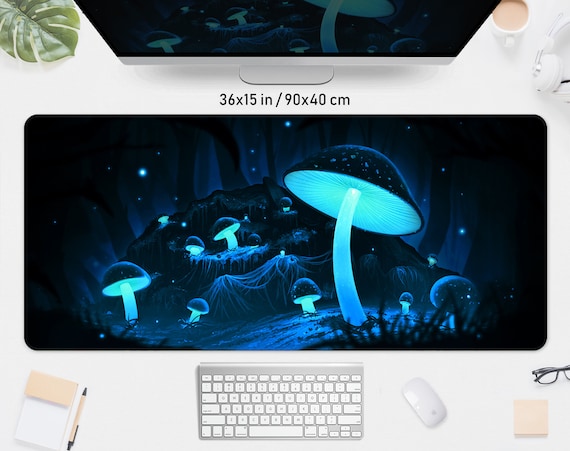 Mushroom desk mat mousepad, Gaming deskmat mouse pad xxl xl big, Magic witchy cottagecore forest, Blue turquoise glowing neon lights led rgb
